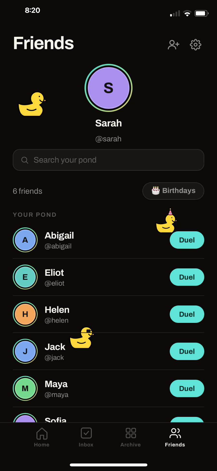 Friends tab showing your pond of added friends